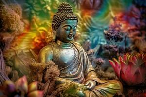 generativo ai, astratto realistico Budda statua, fiori, Magia illuminazione, bellissimo metallico e pietra colori, naturale illuminazione, naturale ambiente foto
