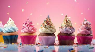 generativo ai, vario colorato cupcakes con ghiaccio crema sparpagliato al di sopra di un' colorato sfondo, rosa e oro, rosa e magenta foto