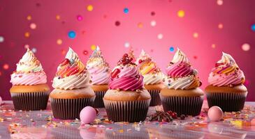 generativo ai, vario colorato cupcakes con ghiaccio crema sparpagliato al di sopra di un' colorato sfondo, rosa e oro, rosa e magenta foto