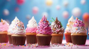 generativo ai, vario colorato cupcakes con ghiaccio crema sparpagliato al di sopra di un' colorato sfondo, rosa e oro, rosa e magenta foto