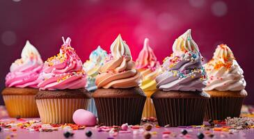 generativo ai, vario colorato cupcakes con ghiaccio crema sparpagliato al di sopra di un' colorato sfondo, rosa e oro, rosa e magenta foto