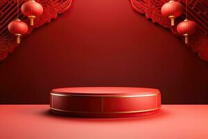 generativo ai, rosso podio con lanterna Cinese nuovo anno e regalo scatola Prodotto In piedi podio sfondo piedistallo 3d foto