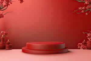 generativo ai, rosso podio con lanterna Cinese nuovo anno e regalo scatola Prodotto In piedi podio sfondo piedistallo 3d foto