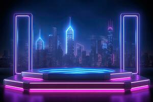 generativo ai, metallo illuminazione neon podio cyberpunk irreale città rosa blu neon laser palcoscenico Prodotto Schermo sfondo, 3d illustrazione vuoto Schermo showroom foto