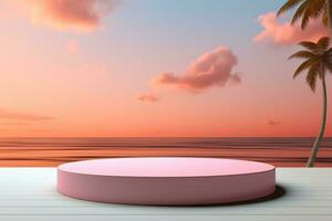 generativo ai, 3d Schermo podio pastello, su palma spiaggia astratto sfondo. primavera e estate, natura minimo piedistallo. foto