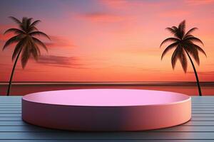 generativo ai, 3d Schermo podio pastello, su palma spiaggia astratto sfondo. primavera e estate, natura minimo piedistallo. foto