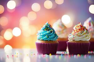 generativo ai, un' cupcakes nel un' colorato glassa, cercapersone, scintillare nucleo, rosa, blu, pastello colore, festa e compleanno, magico con bokeh sfondo foto