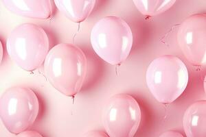 generativo ai, un' compleanno concetto, leggero rosa Palloncino pieno sfondo. copia spazio foto