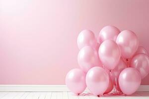 generativo ai, un' compleanno concetto, leggero rosa Palloncino pieno sfondo. copia spazio foto