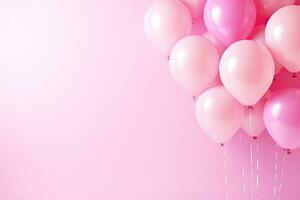 generativo ai, un' compleanno concetto, leggero rosa Palloncino pieno sfondo. copia spazio foto