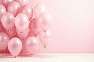 generativo ai, un' compleanno concetto, leggero rosa Palloncino pieno sfondo. copia spazio foto