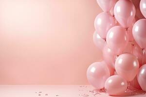 generativo ai, un' compleanno concetto, leggero rosa Palloncino pieno sfondo. copia spazio foto