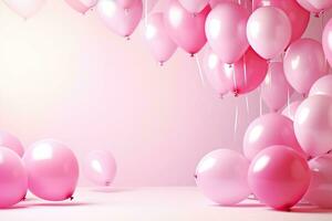 generativo ai, un' compleanno concetto, leggero rosa Palloncino pieno sfondo. copia spazio foto