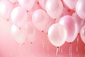 generativo ai, un' compleanno concetto, leggero rosa Palloncino pieno sfondo. copia spazio foto