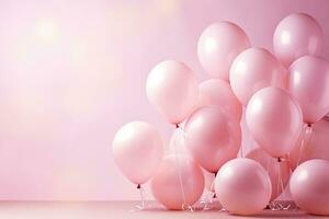 generativo ai, un' compleanno concetto, leggero rosa Palloncino pieno sfondo. copia spazio foto