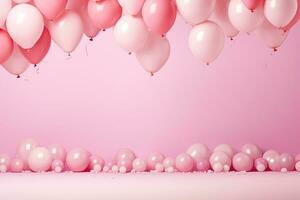 generativo ai, un' compleanno concetto, leggero rosa Palloncino pieno sfondo. copia spazio foto