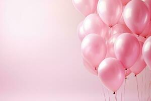 generativo ai, un' compleanno concetto, leggero rosa Palloncino pieno sfondo. copia spazio foto