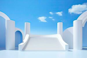 generativo ai, vuoto podio, estetico Prodotto sfondo, blu cielo e bianca scale sfondo foto