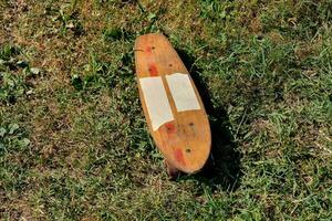 un' di legno skateboard posa su il erba foto