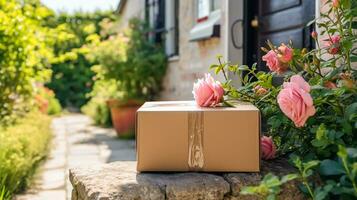 postale servizio, casa consegna e in linea acquisti, pacco scatola su un' Casa gradino della porta nel il campagna, generativo ai foto