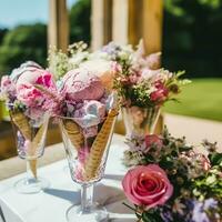 ghiaccio crema dolci buffet tavolo, evento cibo ristorazione per nozze, festa e vacanza celebrazione, ghiaccio creme e fiori arredamento nel un' floreale campagna giardino, generativo ai foto