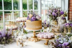 nozze torta con lavanda floreale arredamento, festa celebrazione e vacanza dolce nel un' campagna giardino, evento cibo ristorazione, nazione Villetta stile, generativo ai foto