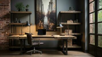stile industriale casa ufficio con un' bonificato legna scrivania design e un' libreria, ai generativo foto