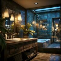 interno design di elegante bagno, lusso vasca da bagno, romantico atmosfera, ai generativo foto