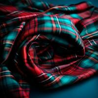 struttura di rugoso, spiegazzato tartan tessuto avvicinamento, tradizionale Scozzese capi di abbigliamento - ai generato Immagine foto