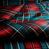 struttura di rugoso, spiegazzato tartan tessuto avvicinamento, tradizionale Scozzese capi di abbigliamento - ai generato Immagine foto