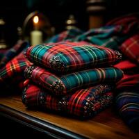 struttura di rugoso, spiegazzato tartan tessuto avvicinamento, tradizionale Scozzese capi di abbigliamento - ai generato Immagine foto