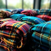 struttura di rugoso, spiegazzato tartan tessuto avvicinamento, tradizionale Scozzese capi di abbigliamento - ai generato Immagine foto