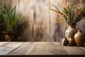 naturale boho elementi per Schermo, di legno tavolo sfondo, ai generato foto