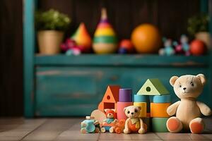 carta design con carino orso e giocattoli, ai generato foto