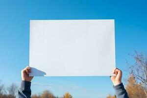 mano Tenere su vuoto paesaggio carta contro blu cielo, ai generato foto