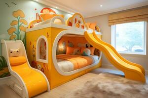 unico bambini Camera da letto design con arredamento ispirazione, ai generato foto