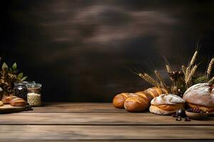 di legno tavolo ambientazione con forno tema, Farina, e pane, ai generato foto