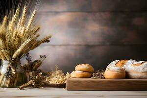 di legno tavolo decorato con forno tema, Farina, e pane, ai generato foto