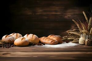 di legno tavolo decorato con forno stile Farina e pane, ai generato foto