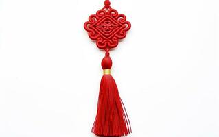 Cinese simmetrico rosso nodo con spazzola frangia isolato su bianca sfondo. simbolo di bene fortuna. ai generativo foto