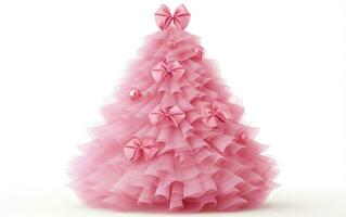 rosa Bambola stile decorato Natale albero fatto di nastri con un' arco a il superiore isolato su un' bianca sfondo. ai generativo foto