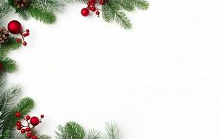 contento allegro Natale manifesto. decorato pino albero ramoscelli per un' ghirlanda su un' bianca sfondo, copia spazio a il Giusto. ai generativo foto