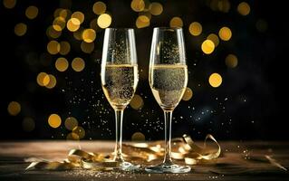 Due bicchieri di scintillante Champagne su il di legno tavolo con d'oro coriandoli e caldo oro bokeh a il sfondo, nuovo anni vigilia festa manifesto. ai generativo foto