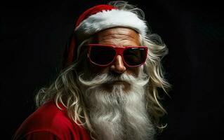 meme Santa clausola surfer indossare occhiali da sole guardare a il telecamera su nero sfondo. ai generativo foto
