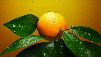 arancia frutta con spruzzo su giallo sfondo generato con ai foto