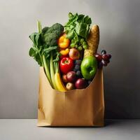 un' carta Borsa pieno con fresco frutta e verdure generato con ai foto