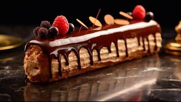 cioccolato rotolo torta su un' di legno tavola generato con ai foto