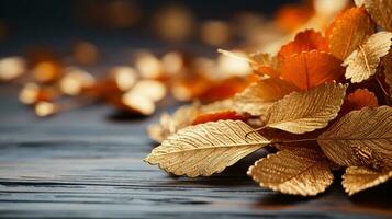 d'oro autunno le foglie su buio di legno superficie. ai generato. foto