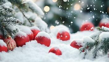 Natale e nuovo anno sfondo. rosso Natale palle su il neve. ai generato. foto