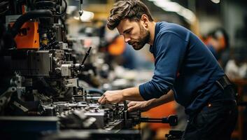 qualificato lavoratore operativo macchinari nel officina. ai generato. foto